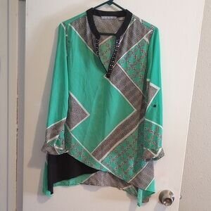 Valerie Stevens Teal and Black Geometric Tunic